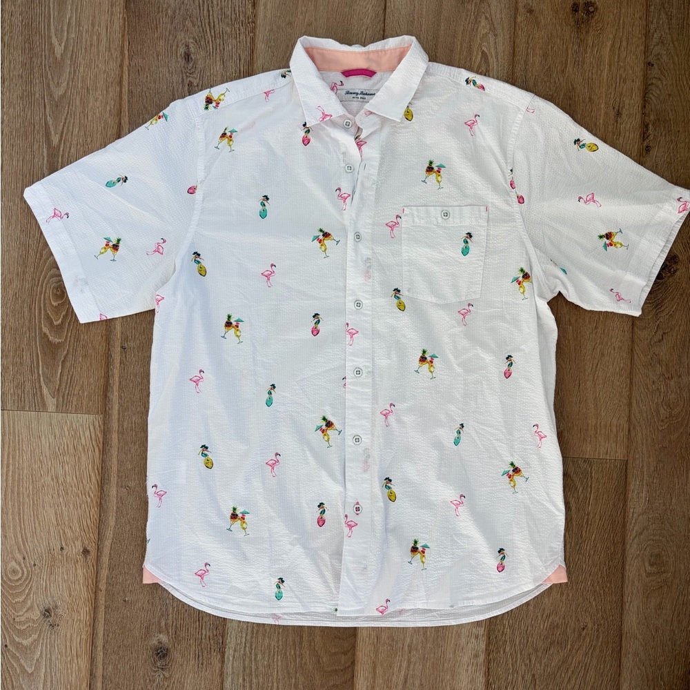 Tommy Bahama White Short-Sleeve Button-Down with Tropical Flocktail Print
